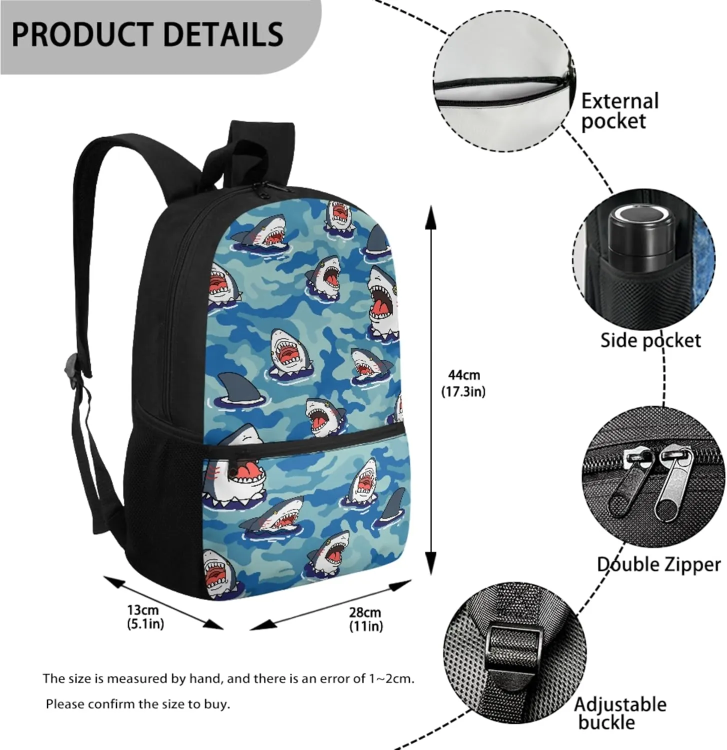Xhuibop Cartoon Sharks Backpack and Lunch Bag Set for Girls Kids Book Bag for Boys 9-12 Elementary School Bags with Lunch Box 3 IN 1 Children Bookbag Zipper Pencil Case