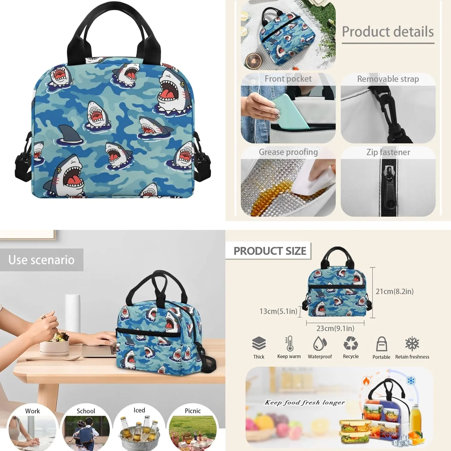 Xhuibop Cartoon Sharks Backpack and Lunch Bag Set for Girls Kids Book Bag for Boys 9-12 Elementary School Bags with Lunch Box 3 IN 1 Children Bookbag Zipper Pencil Case