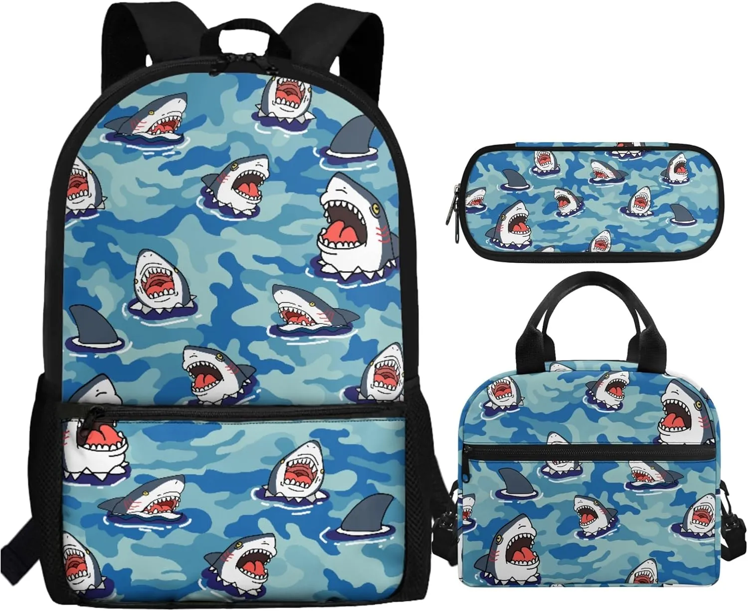 Xhuibop Cartoon Sharks Backpack and Lunch Bag Set for Girls Kids Book Bag for Boys 9-12 Elementary School Bags with Lunch Box 3 IN 1 Children Bookbag Zipper Pencil Case