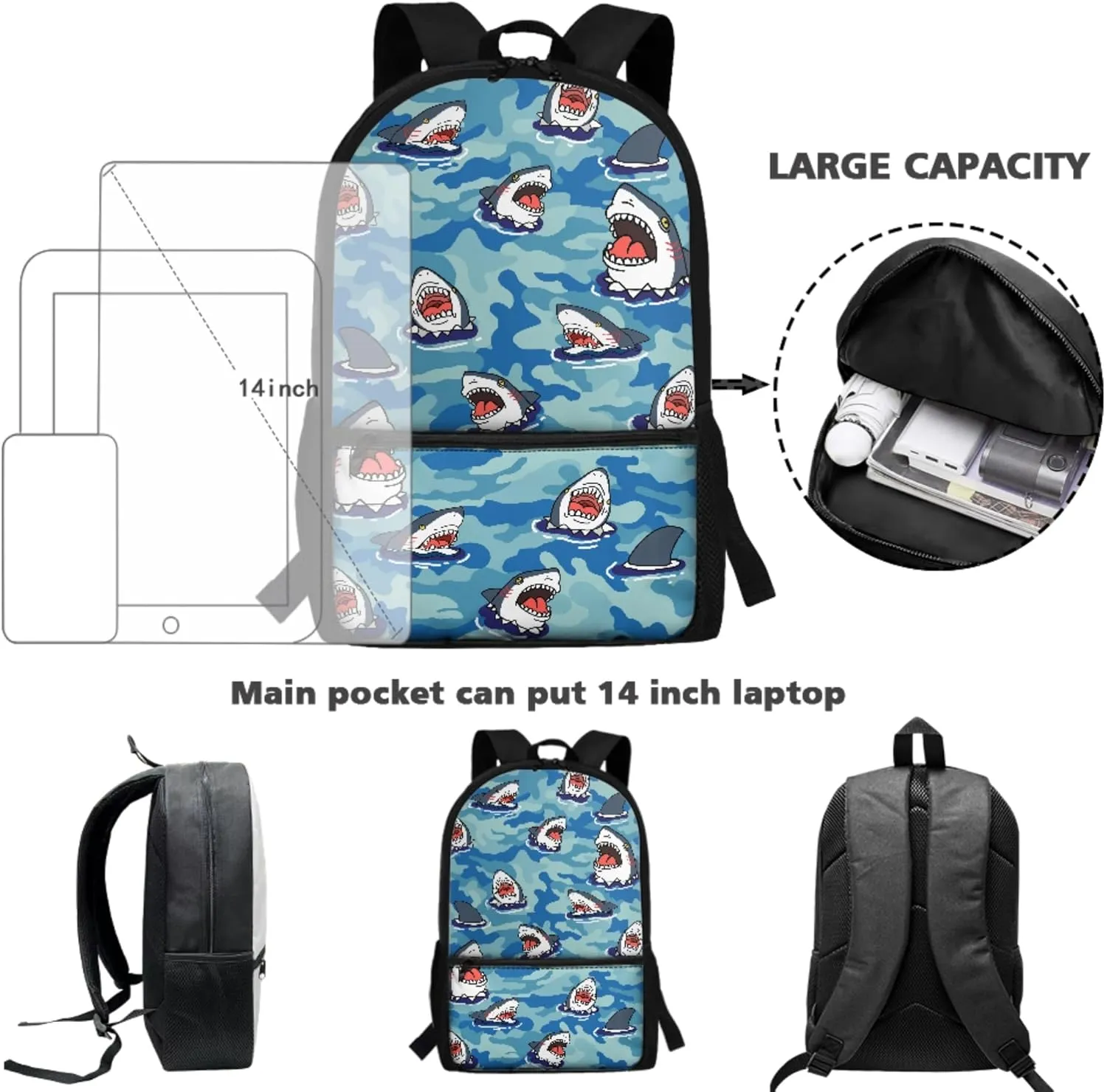 Xhuibop Cartoon Sharks Backpack and Lunch Bag Set for Girls Kids Book Bag for Boys 9-12 Elementary School Bags with Lunch Box 3 IN 1 Children Bookbag Zipper Pencil Case