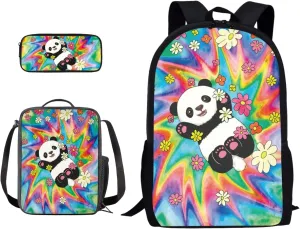 Xoenoiee Daisy Panda Tie Dye Pattern Boys Girls School Backpacks Book Bag Set with Lunch Bags Pencil Case,3 Piece Travel Hiking Camping Daypack Set