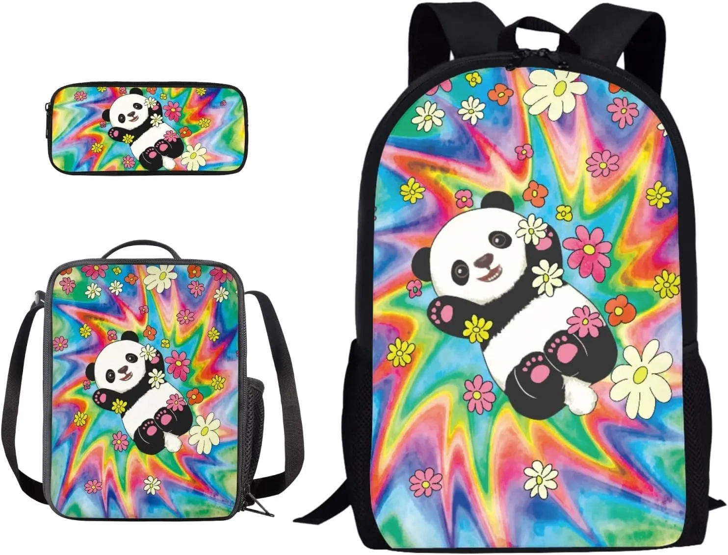 Xoenoiee Daisy Panda Tie Dye Pattern Boys Girls School Backpacks Book Bag Set with Lunch Bags Pencil Case,3 Piece Travel Hiking Camping Daypack Set