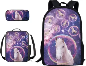 Xoenoiee Kids School Bags Pack of 3 Backpack & Insulated Lunch Bag Pencil Case Teen Girls Boys Elementary Travel Daypack Casual Rucksack Horse Bubbles Pattern
