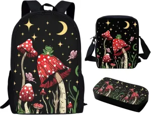 Xpyiqun 3 in 1 Mushroom Frog School Bag Moon Star Backpack Purse for Girls Elementary School Bookbag with Corssbody Bag Pencil Case Middle High Scholbag Book Packs for Kids Child Back to School