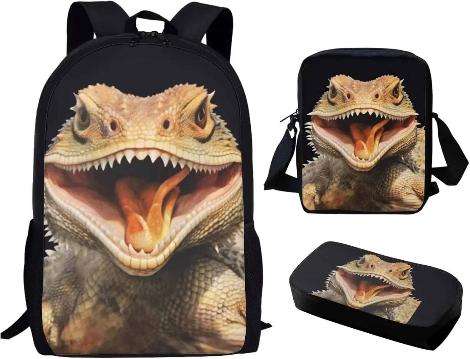 Xpyiqun 3 pcs School Bag Set Lizards Backpack Purse for Elementary School Boys Bookbag Middle High Schoolbag Bookbag with Crossbody Bag Pencil Case Junior Students Knapsack for Daycare