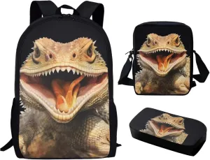 Xpyiqun 3 pcs School Bag Set Lizards Backpack Purse for Elementary School Boys Bookbag Middle High Schoolbag Bookbag with Crossbody Bag Pencil Case Junior Students Knapsack for Daycare