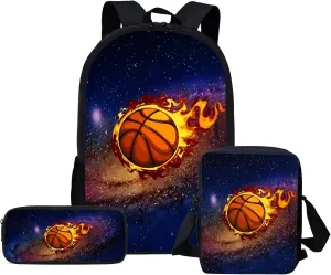 Xpyiqun Fire Basketball School Back Pack for Teen Boys 8-12 Elementary Middle Students Bookbag with Messenger Bags Pencil Case,Galaxy Starry Ball Schoolbags Kids Back Packs Satchel for Outdoor Travel