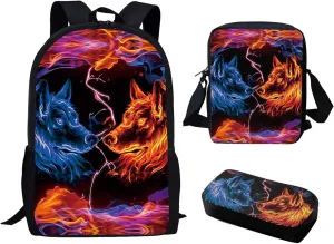 Xpyiqun Flame Wolf Backpack Elementary School Boys Bookbag 3 In 1 School Bag with Crossbody Bag Purse Kindergarten Kids Schoolbag Rucksack Small Pencil Case Child Teens Satchel Casual Bagpack Daypack