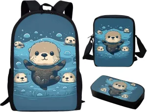 Xpyiqun Sea Otter 3 In 1 School Bag Backpack Set Cute Crossbody Purse for Middle School Girls Bookbag with Pencil Case Elementary Preschool Back Pack 7-9 10-12 Kid Child Book Bags Back to School