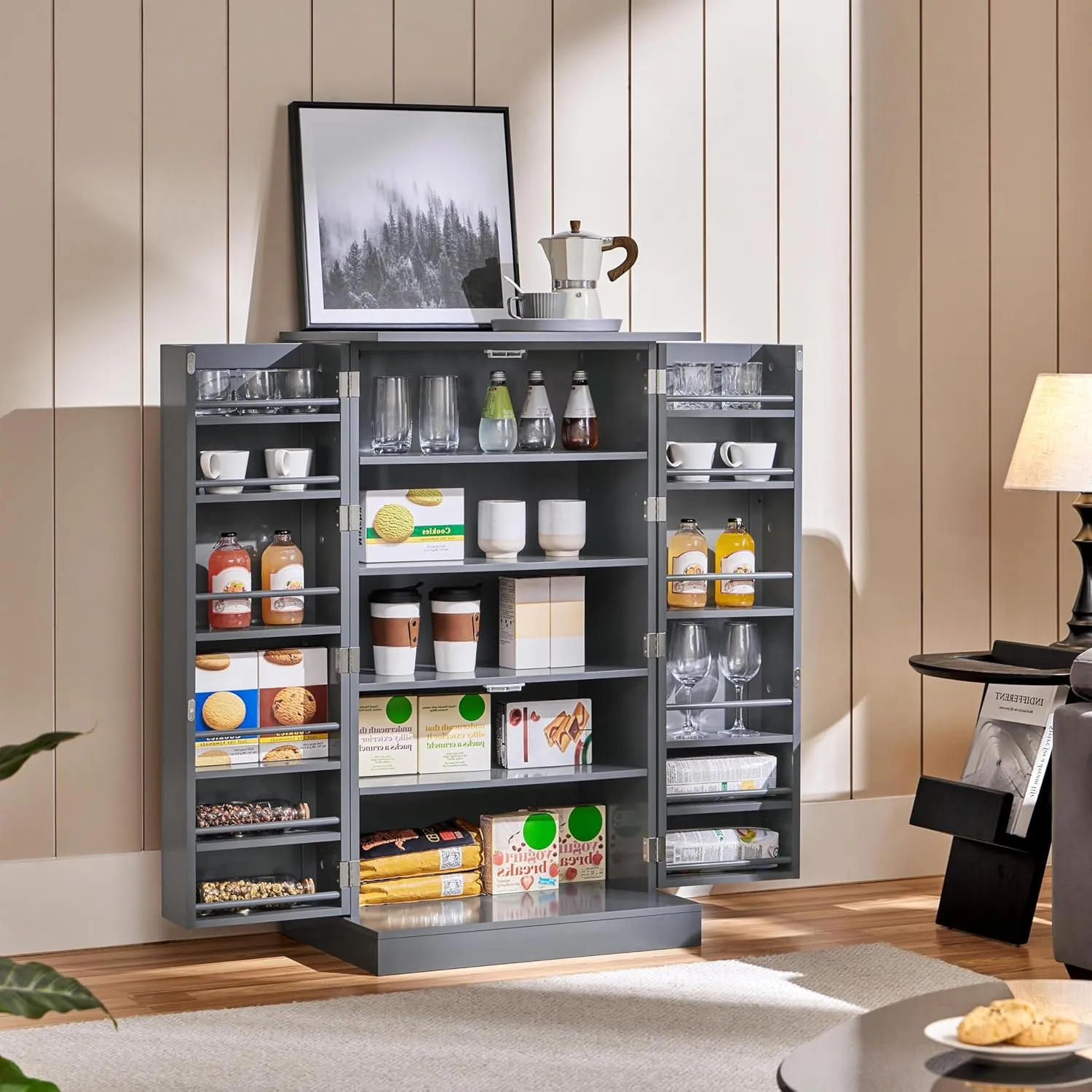 Yaheetech 41" H Kitchen Pantry Storage Cabinet with Doors & Adjustable Shelves, Freestanding Cupboard Food Cabinet for Dining Room/Living Room, Dark Gray