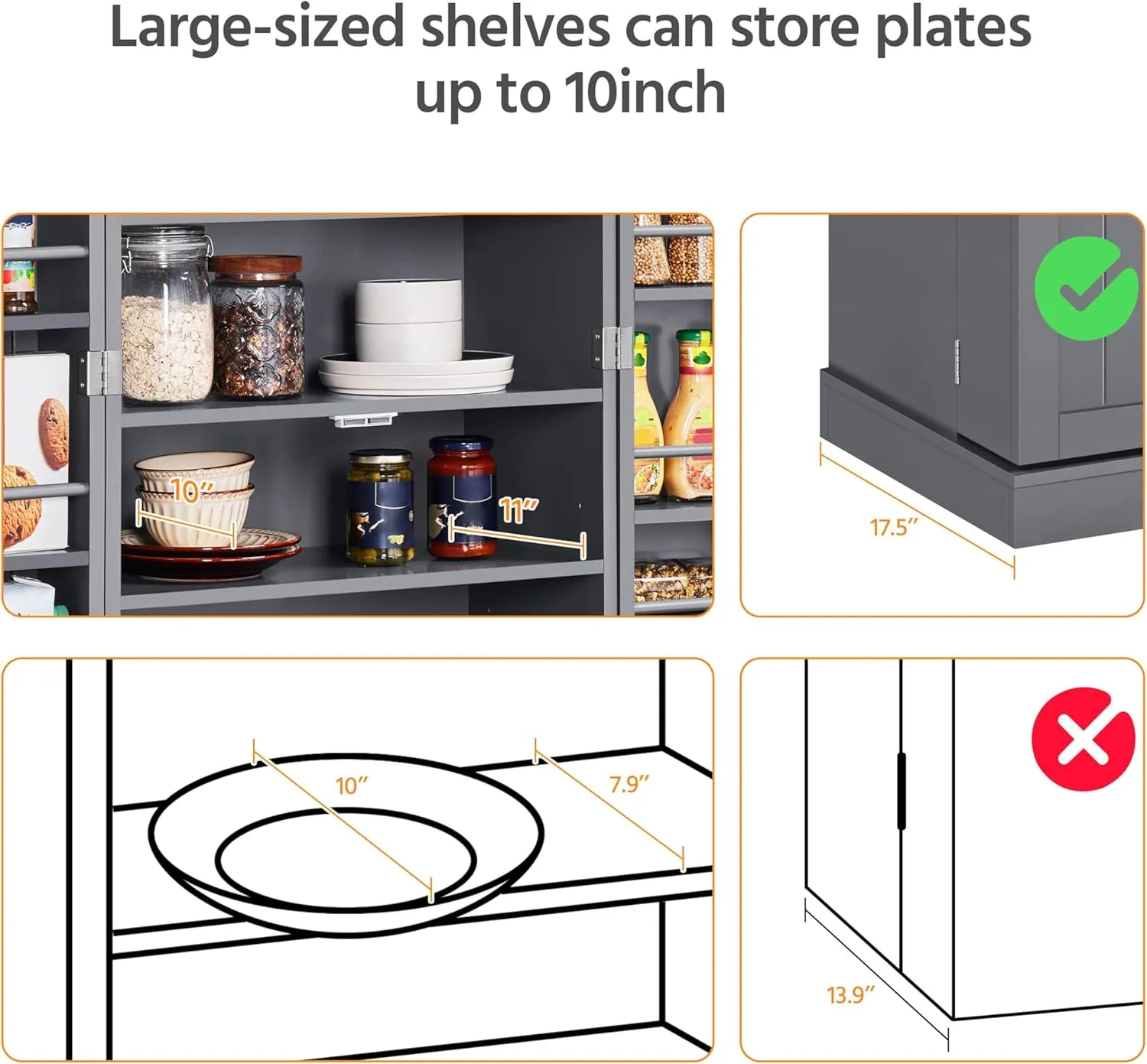 Yaheetech 41" H Kitchen Pantry Storage Cabinet with Doors & Adjustable Shelves, Freestanding Cupboard Food Cabinet for Dining Room/Living Room, Dark Gray