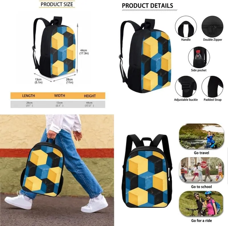 Yellow Blue Geometry Print 17in School Backpack Set Multi-Colour Art Pattern 3 Pieces Lightweight Teen Bookbags School Bag with Pencil Case & Lunch Pack