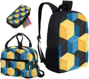 Yellow Blue Geometry Print 17in School Backpack Set Multi-Colour Art Pattern 3 Pieces Lightweight Teen Bookbags School Bag with Pencil Case & Lunch Pack