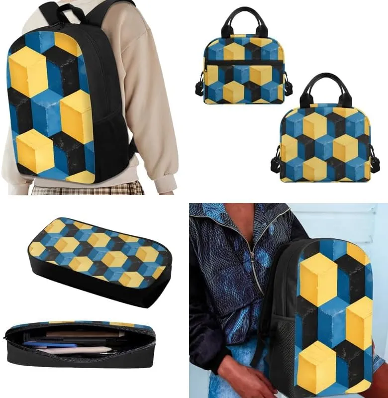 Yellow Blue Geometry Print 17in School Backpack Set Multi-Colour Art Pattern 3 Pieces Lightweight Teen Bookbags School Bag with Pencil Case & Lunch Pack