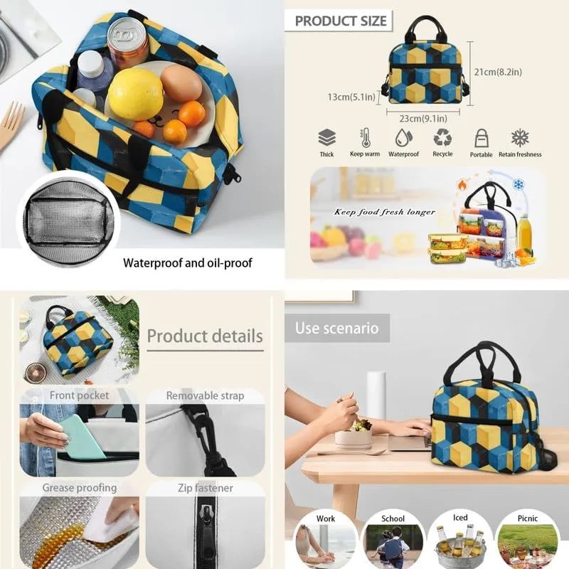 Yellow Blue Geometry Print 17in School Backpack Set Multi-Colour Art Pattern 3 Pieces Lightweight Teen Bookbags School Bag with Pencil Case & Lunch Pack