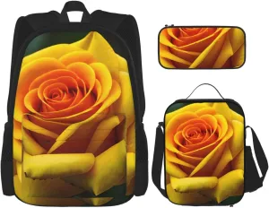 Yellow Rose Picture Print 3 In 1 Backpack Set With Lunch Bag And Pencil Case,Suitable Work,Picnic,Travel