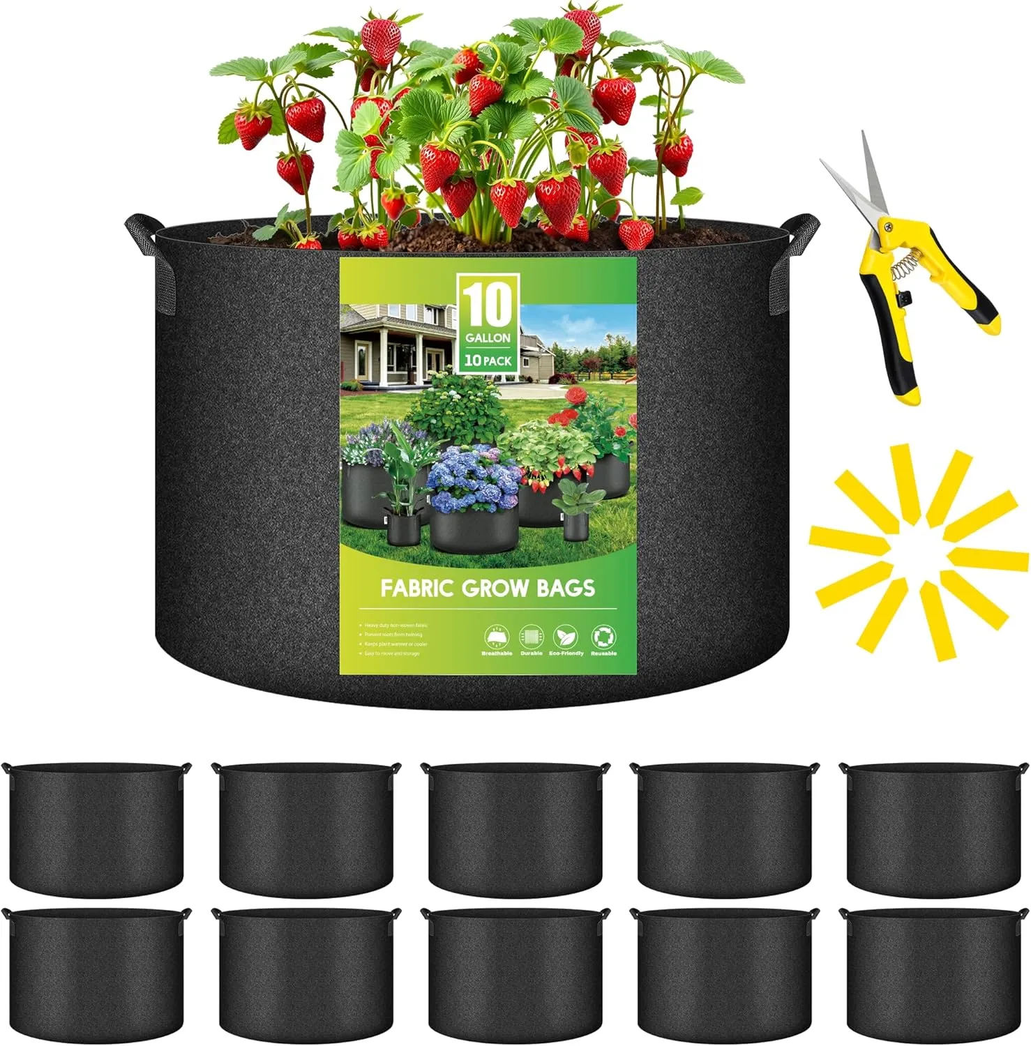 YSSOA 10-Pack Fabric Grow Bags 10 Gallon with Pruner, 300G Thickened Nonwoven Plant Growing Pots with Handles, Planting Bags for Vegetables, Black