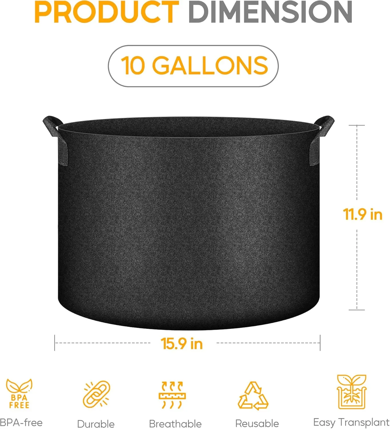 YSSOA 10-Pack Fabric Grow Bags 10 Gallon with Pruner, 300G Thickened Nonwoven Plant Growing Pots with Handles, Planting Bags for Vegetables, Black