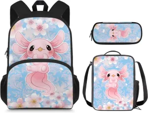 Ystardream Kids Backpack with Lunch Box Axolotl School Bags for Girls 7-10 Soft Cushion Shoulder Straps Rucksack Daypack with Side Pocket 3 Piece Set School Supplies Blue Cherry Blossom Print