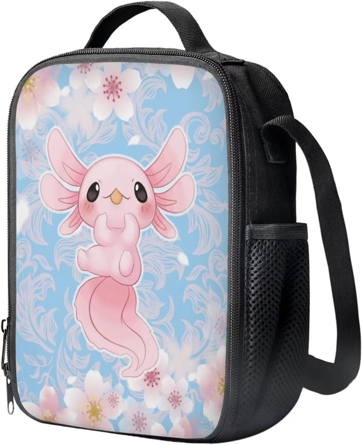 Ystardream Kids Backpack with Lunch Box Axolotl School Bags for Girls 7-10 Soft Cushion Shoulder Straps Rucksack Daypack with Side Pocket 3 Piece Set School Supplies Blue Cherry Blossom Print