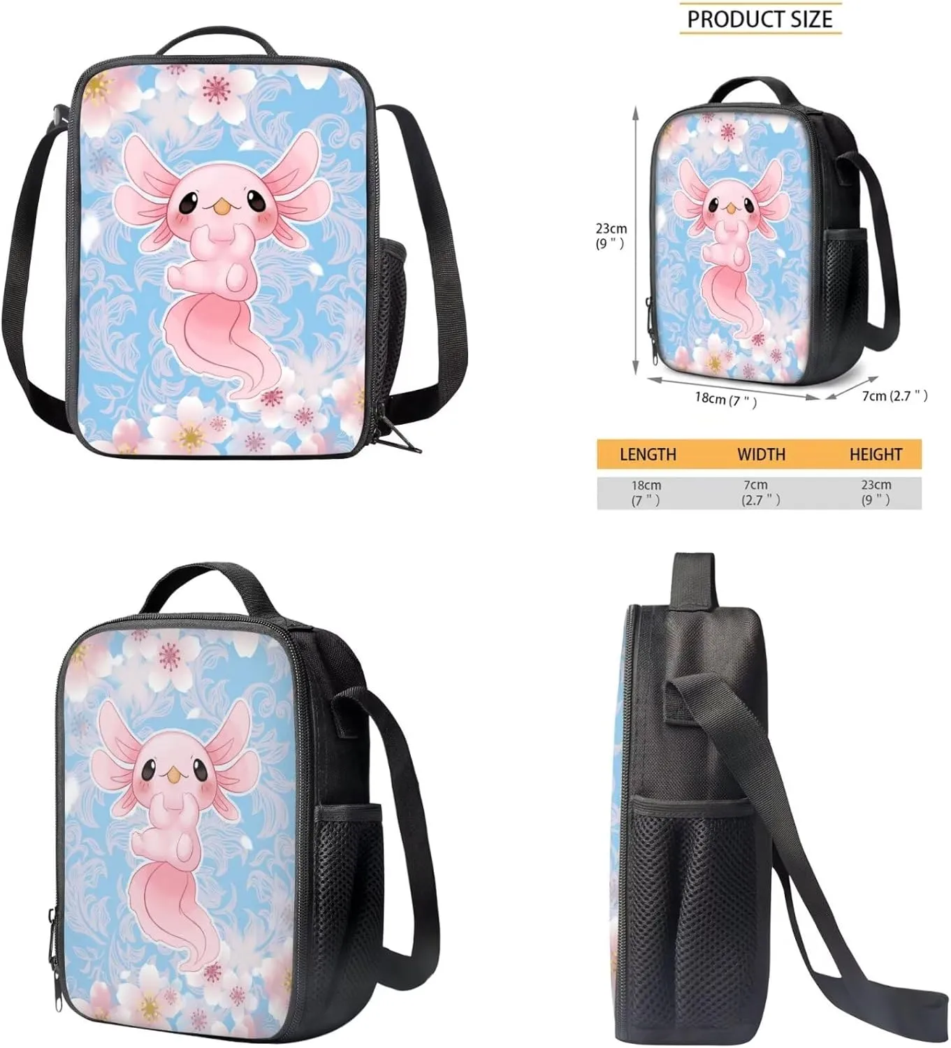 Ystardream Kids Backpack with Lunch Box Axolotl School Bags for Girls 7-10 Soft Cushion Shoulder Straps Rucksack Daypack with Side Pocket 3 Piece Set School Supplies Blue Cherry Blossom Print