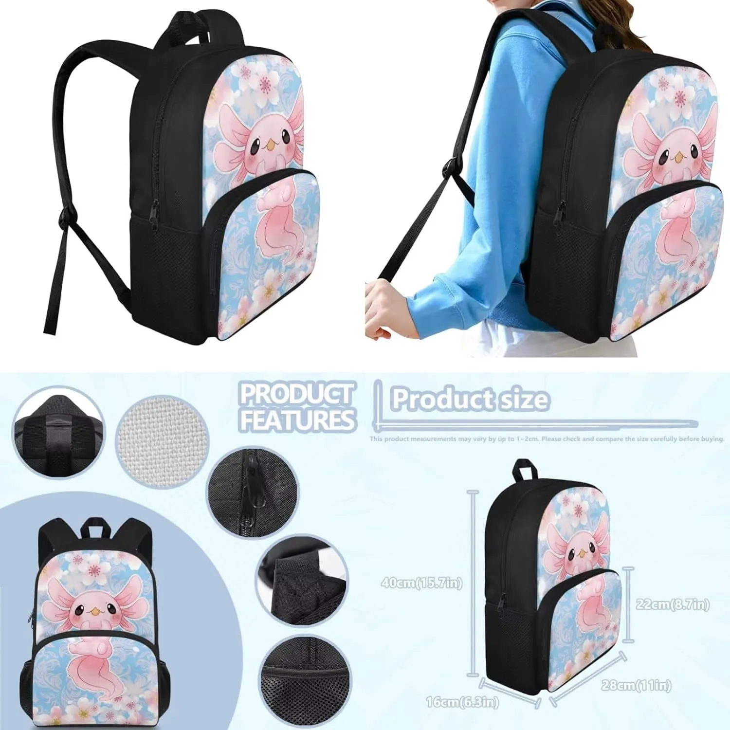 Ystardream Kids Backpack with Lunch Box Axolotl School Bags for Girls 7-10 Soft Cushion Shoulder Straps Rucksack Daypack with Side Pocket 3 Piece Set School Supplies Blue Cherry Blossom Print