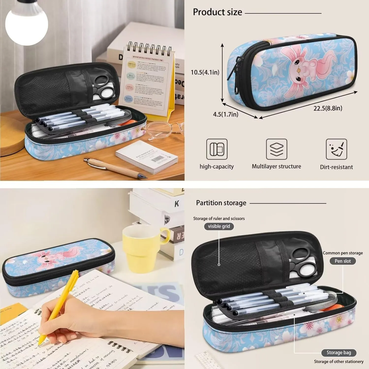 Ystardream Kids Backpack with Lunch Box Axolotl School Bags for Girls 7-10 Soft Cushion Shoulder Straps Rucksack Daypack with Side Pocket 3 Piece Set School Supplies Blue Cherry Blossom Print