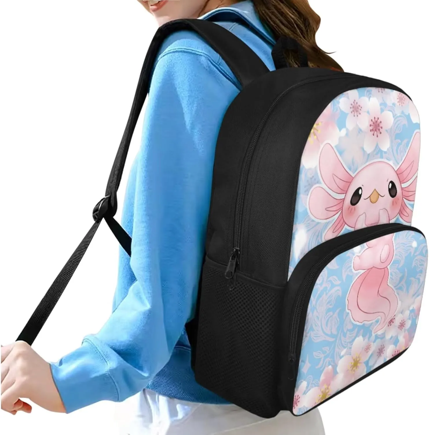 Ystardream Kids Backpack with Lunch Box Axolotl School Bags for Girls 7-10 Soft Cushion Shoulder Straps Rucksack Daypack with Side Pocket 3 Piece Set School Supplies Blue Cherry Blossom Print