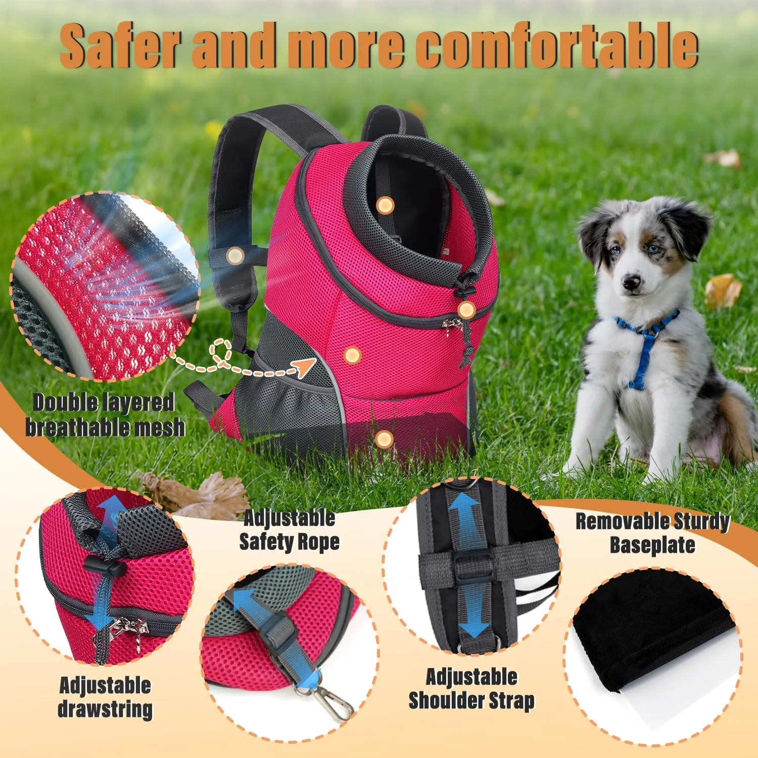 YUDODO Dog Front Carrier Backpack, Adjustable Breathable Pet Carrier for Small Dogs, Ventilated Puppy Back Pack with Safety Belt, Lightweight Doggy Backpack for Hiking Outdoor (Rose, M: 4.5-9 lbs)