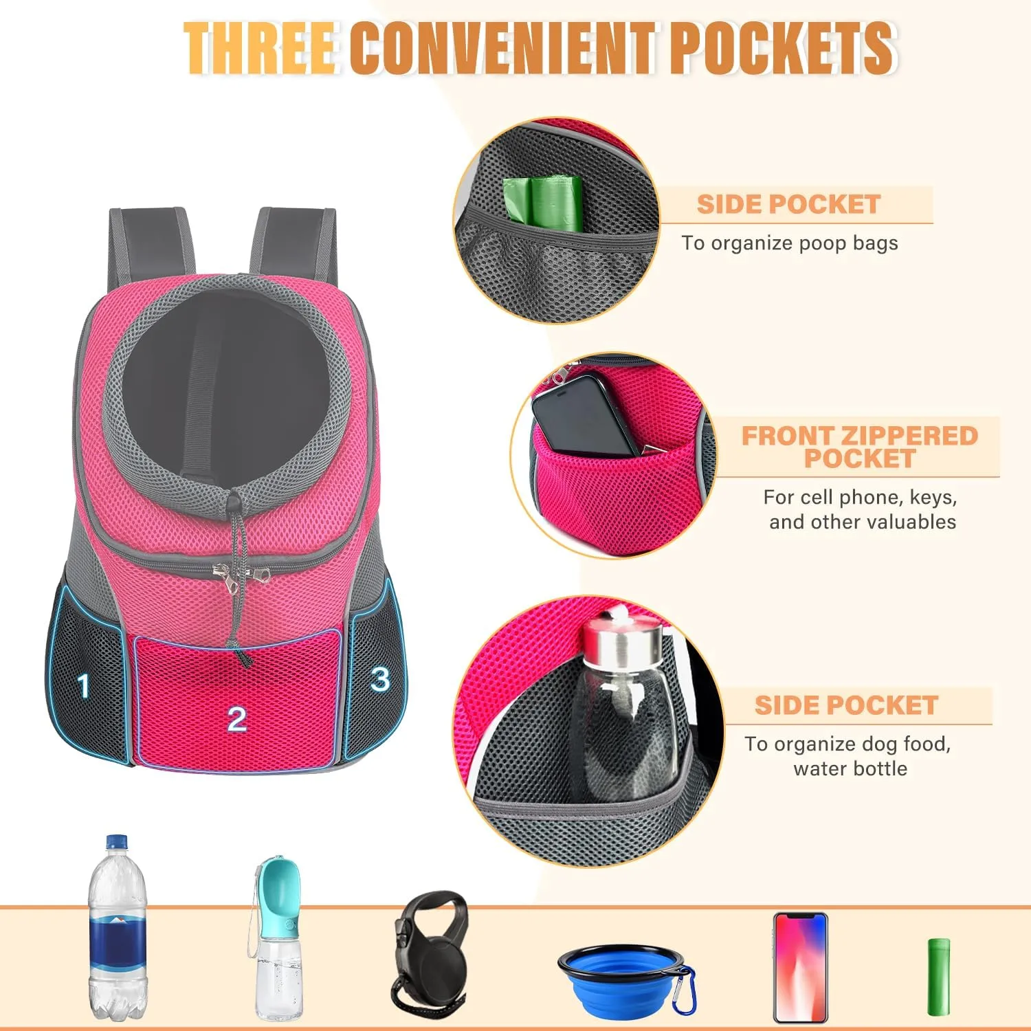 YUDODO Dog Front Carrier Backpack, Adjustable Breathable Pet Carrier for Small Dogs, Ventilated Puppy Back Pack with Safety Belt, Lightweight Doggy Backpack for Hiking Outdoor (Rose, M: 4.5-9 lbs)