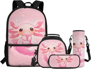 ZFRXIGN Girls Backpack 10-12 Years Old Axolotl Bookbag with Lunch Bag Set Crossbody Bags Pink Schoolbag Pencil Case Kindergarten Elementary School Bag Cap Sleeve