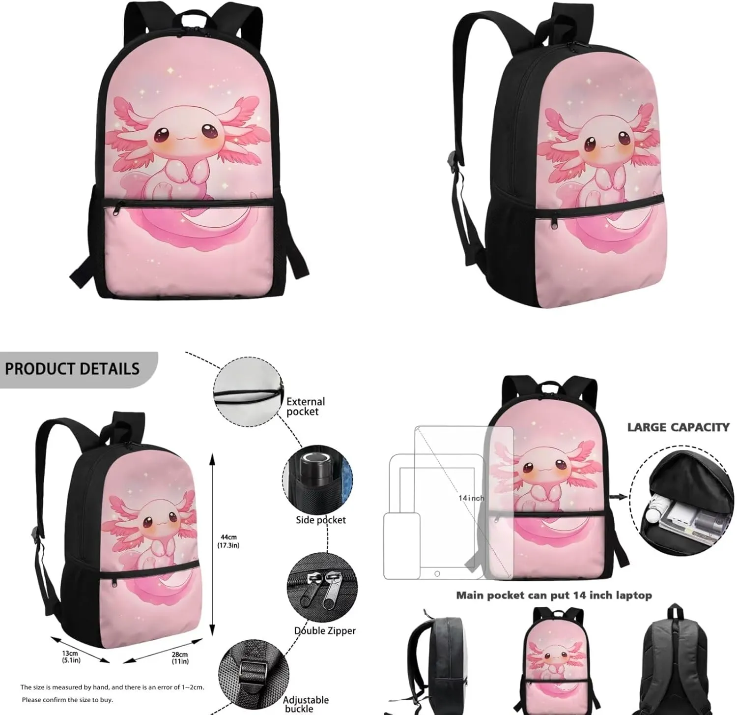 ZFRXIGN Girls Backpack 10-12 Years Old Axolotl Bookbag with Lunch Bag Set Crossbody Bags Pink Schoolbag Pencil Case Kindergarten Elementary School Bag Cap Sleeve