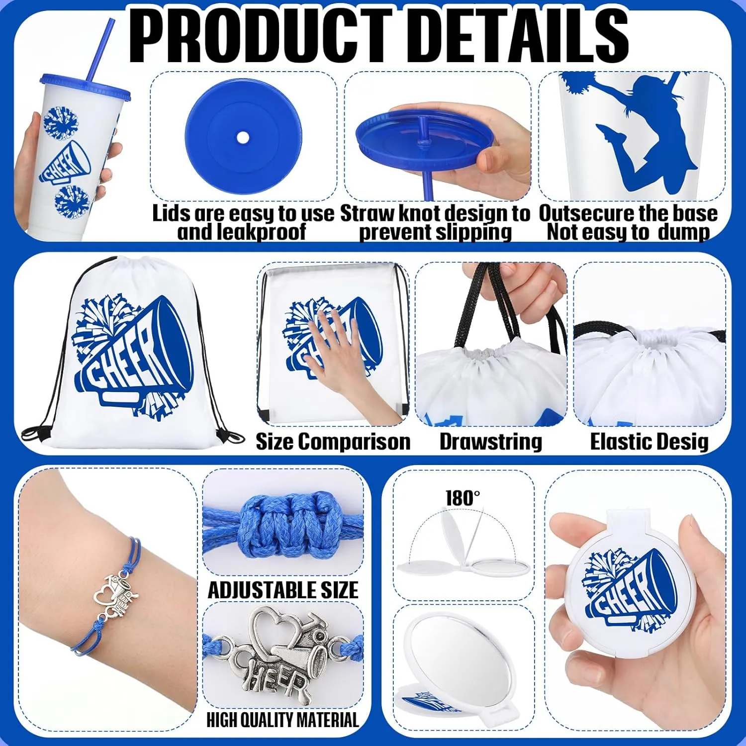 Zhehao 48 Pcs Cheerleader Gifts Bulk for Team Cheerleading Gifts Include 12 Tumbler Cups with Lid and Straw, Drawstring Bags, Bracelets, Compact Mirrors for Team Women Party Favor(Blue,Cheerleading)