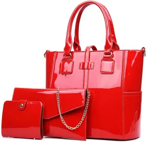 ZiMing Women Handbags and Purses Set Patent Leather Satchel Chain Shoulder Crossbody Bag Wallet Card Holder Purse 3 Pcs Set