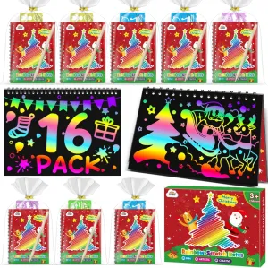ZMLM Christmas Scratch Art Party Favors: 16 Pack Rainbow Scratch Notebook Bulk Scratch Art for Kids Birthday Party Favors Girls Boys Christmas Gifts Toy Scratch Pads Classroom Prizes